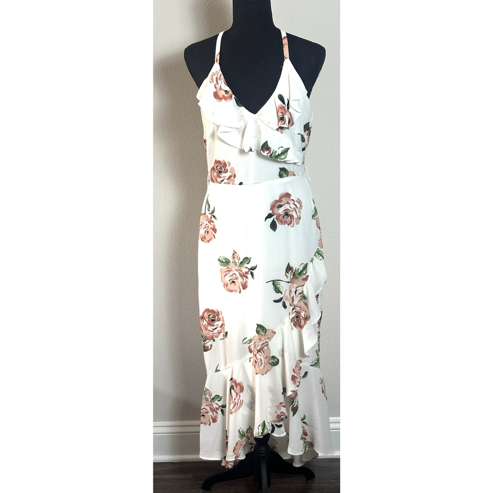 Women's( M) White Ivory Floral Hi Low Midi‎ Ruffle V Neck Disney Princess Dress